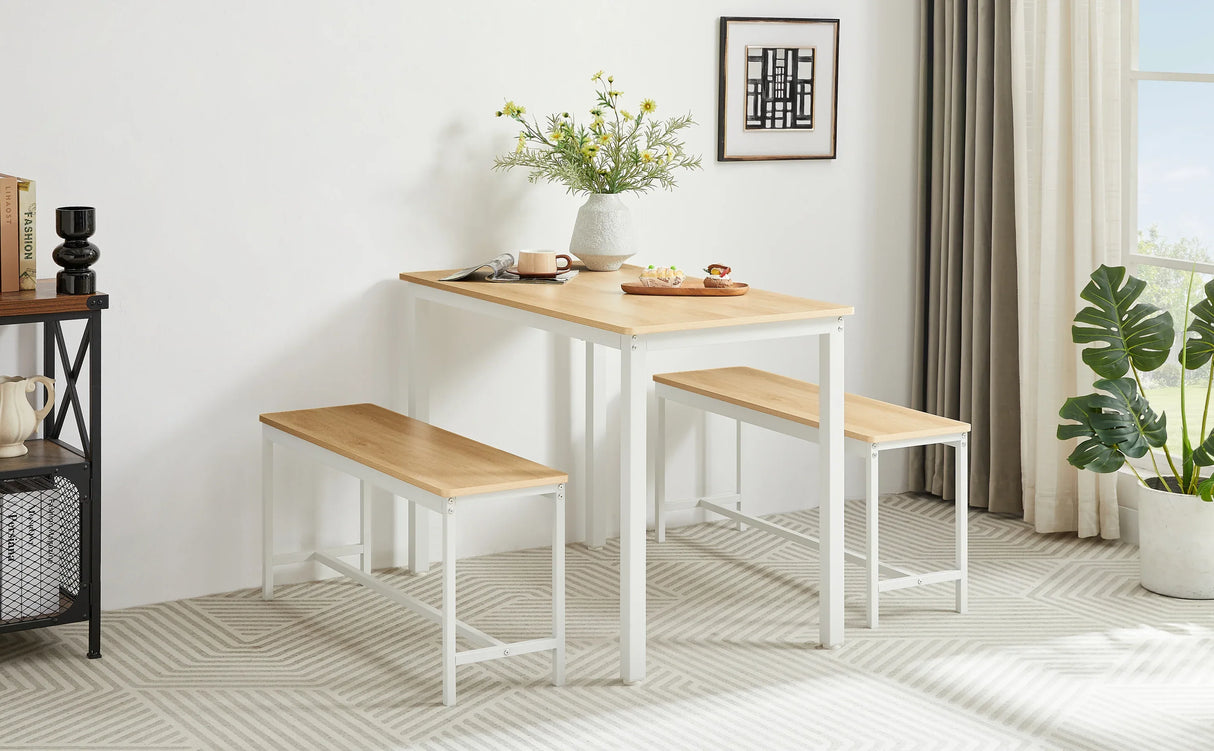 Industrial Dining Table Set With 2 Benches Natural White - Omega Lifestyles