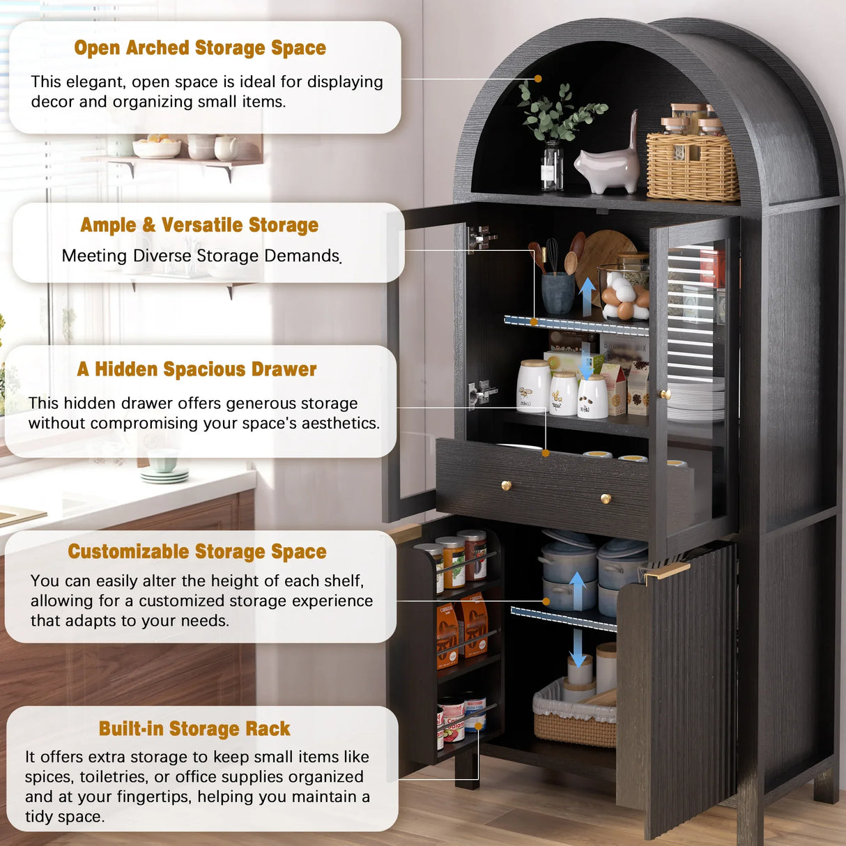 Modern Fluted Tall Arched Adjustable Shelf Pantry Cabinet - Omega Lifestyles