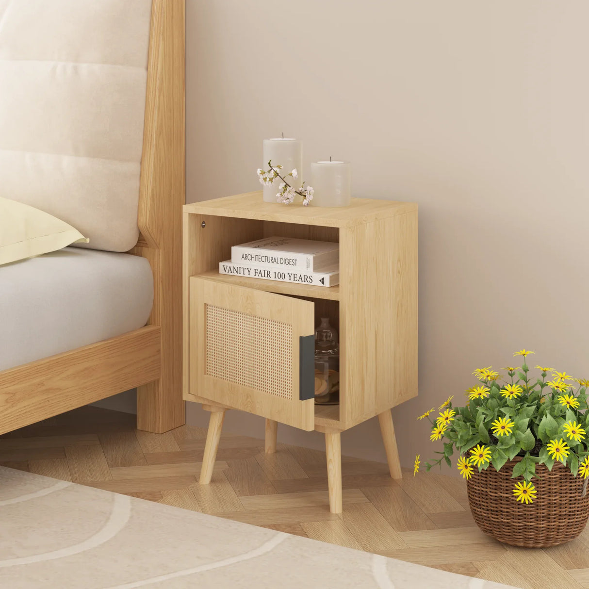 Oak Rattan Bedroom Nightstand With Solid Wood Legs - Omega Lifestyles
