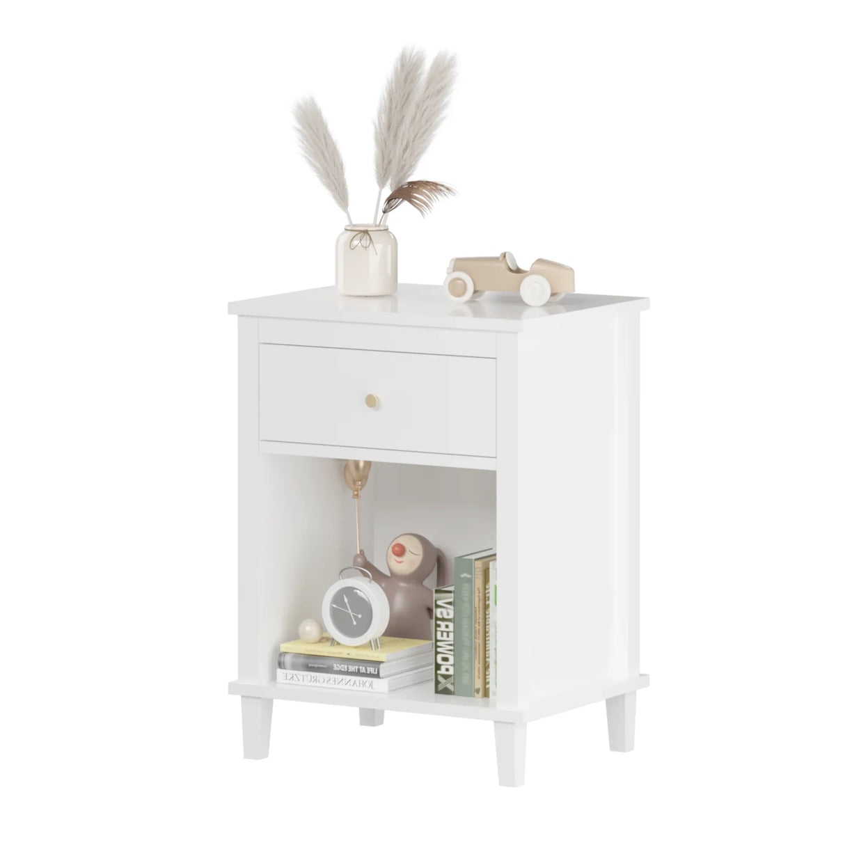 White MDF Kids Wooden Nightstand With Drawer Shelf - Omega Lifestyles