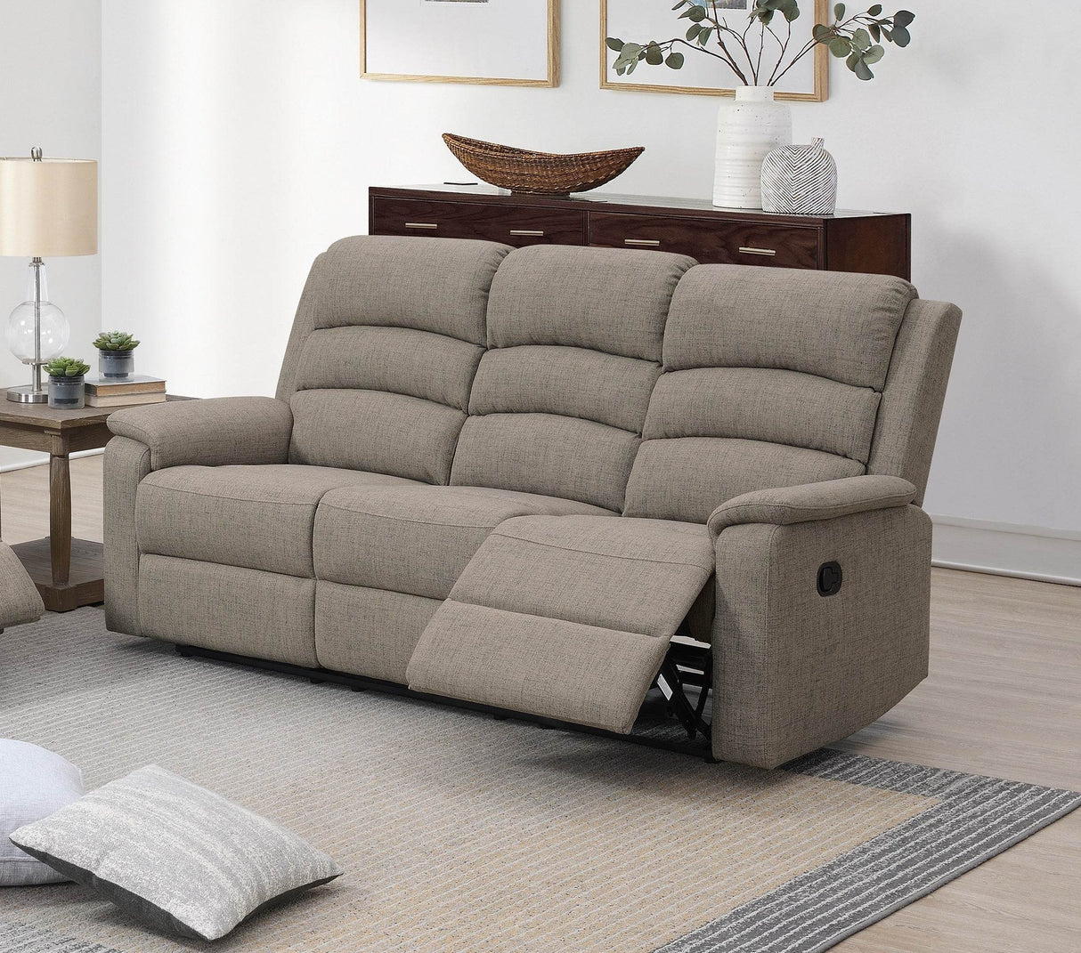 Modern Light Brown Fabric 3-Seat Recliner Sofa