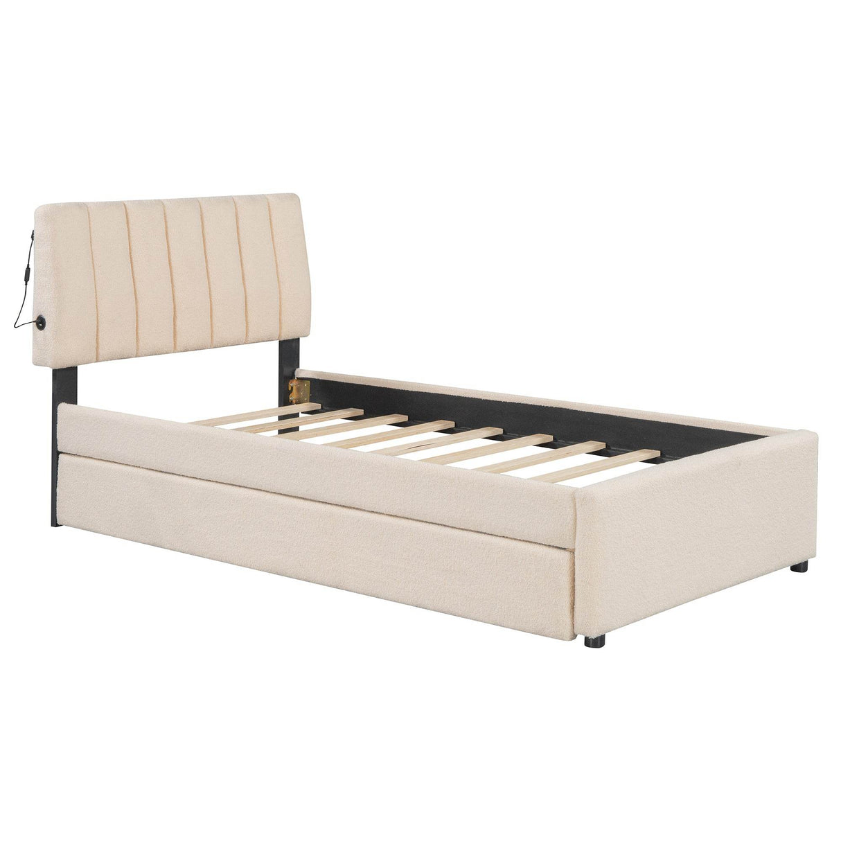 Twin Upholstered Platform Bed With LED Light Trundle - Omega Lifestyles