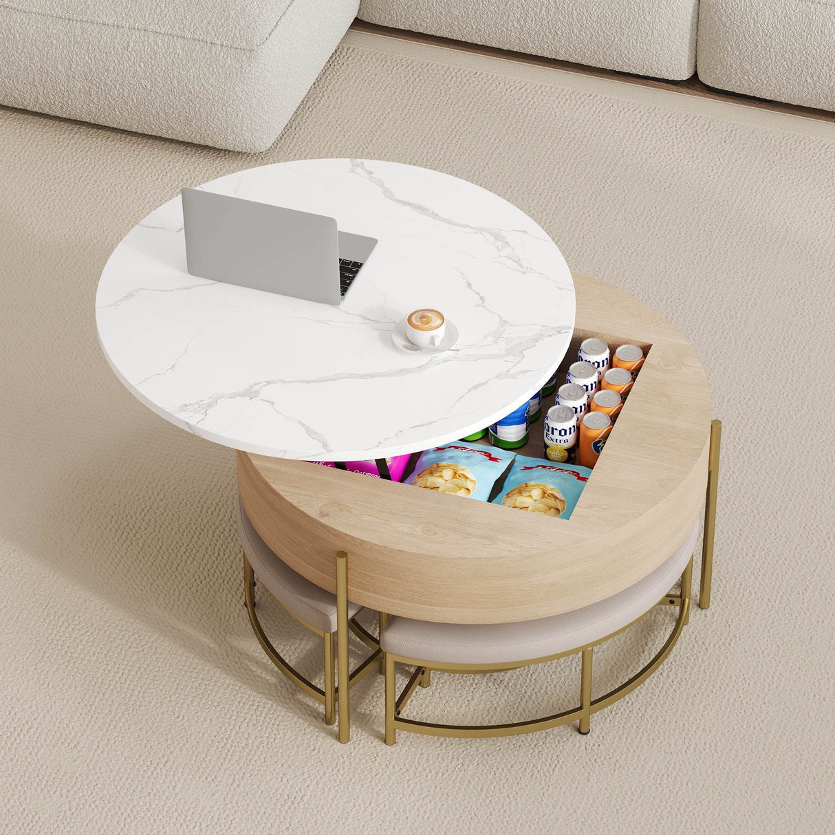Modern Round Lift-Top Coffee Table With Storage And Ottomans - Sleep Galleria