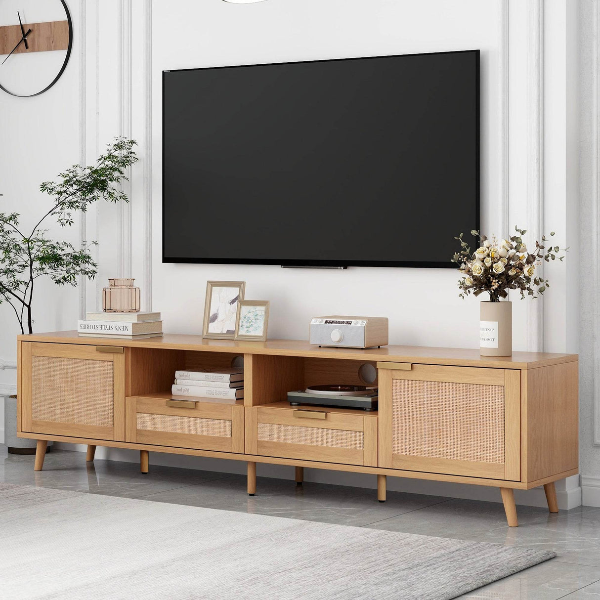 Modern Rattan TV Stand With Storage Cabinets - Sleep Galleria