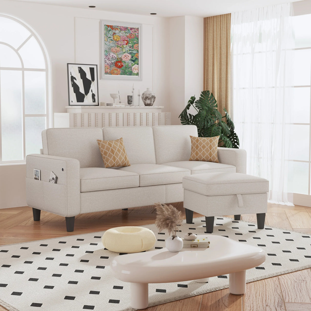 Beige Reversible Modular Sectional Sofa With Storage Ottoman - Omega Lifestyles