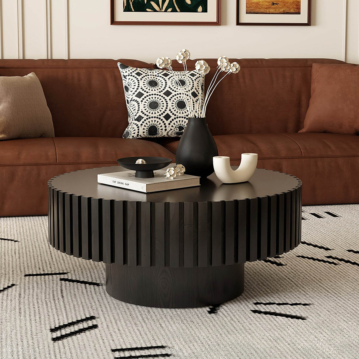 Modern Round Pedestal Coffee Table With Handmade Relief - Sleep Galleria
