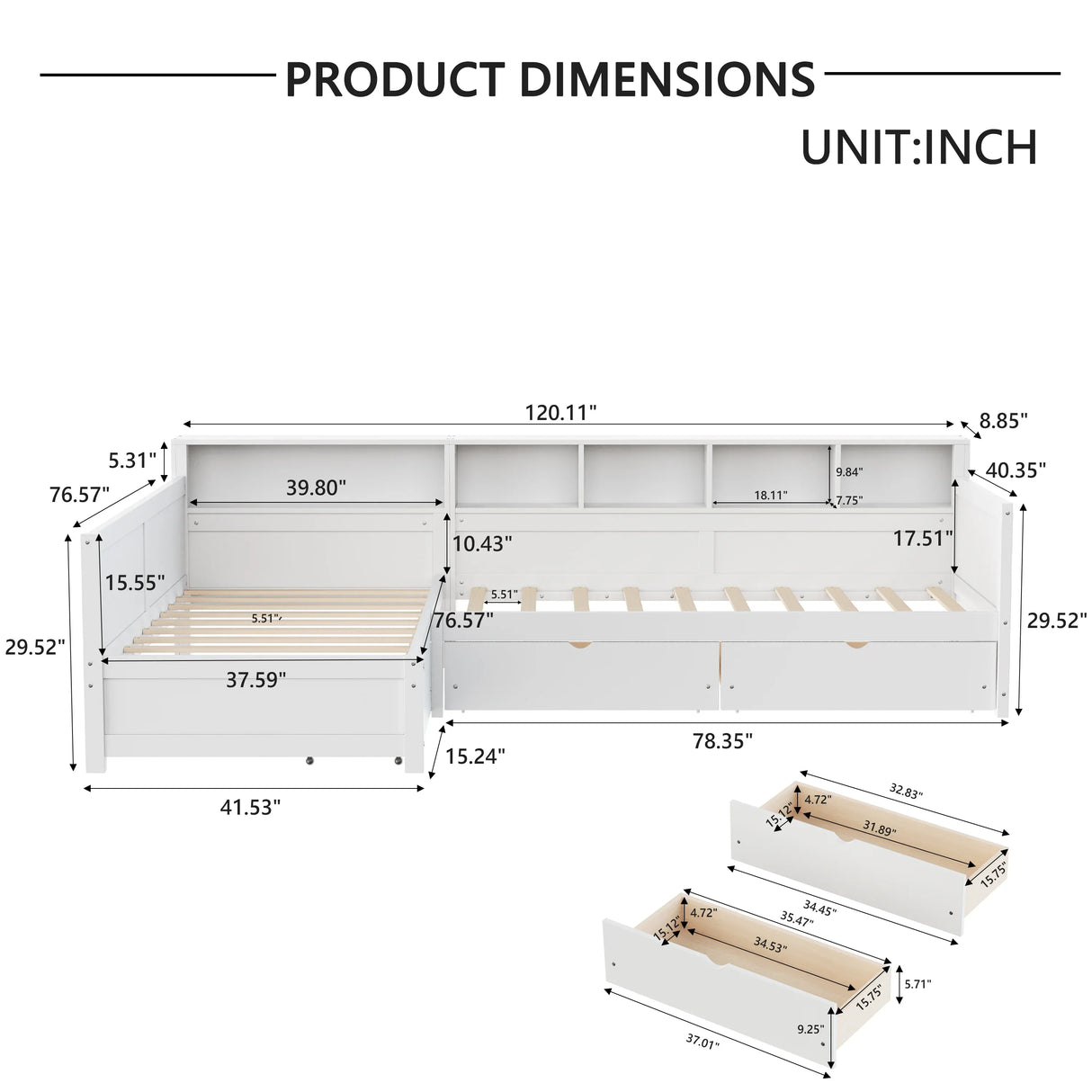 Twin Wood L-Shape Daybed With Storage Drawers - Omega Lifestyles