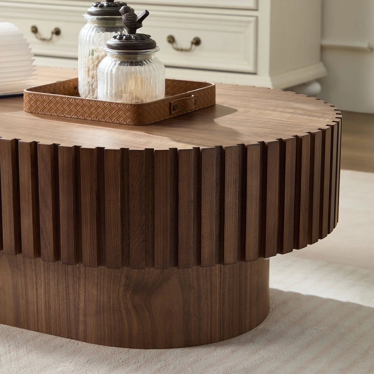 Modern Oval Walnut MDF Pedestal Coffee Table 44-Inch - Omega Lifestyles