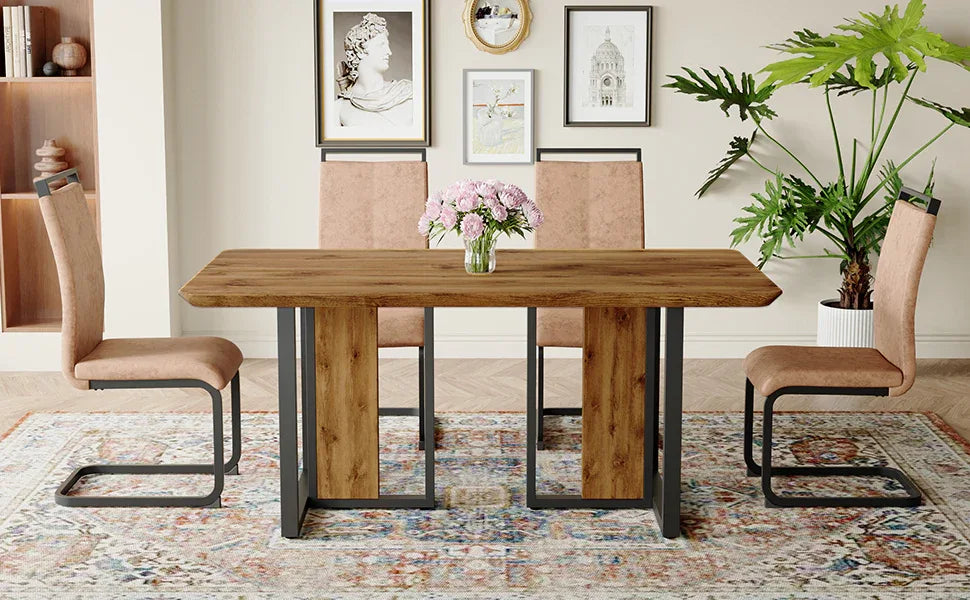 Wood-Textured MDF Dining Table Set With 4 Fabric Chairs - Omega Lifestyles