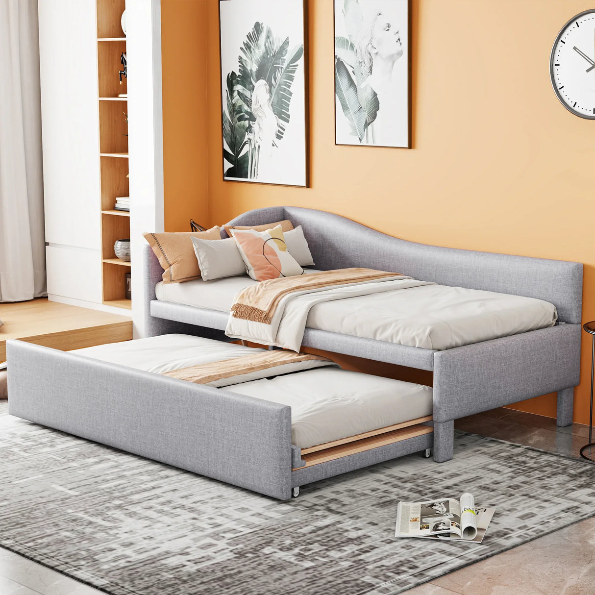 Twin Upholstered L-Shaped Daybed With Pop-Up Trundle - Omega Lifestyles