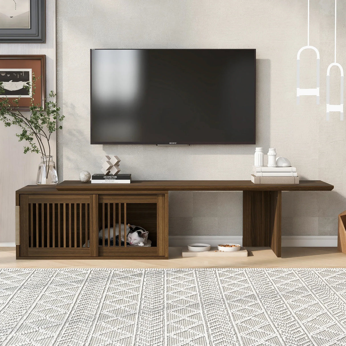 Mid-Century Modern Extendable Walnut Cat Furniture TV Stand - Omega Lifestyles