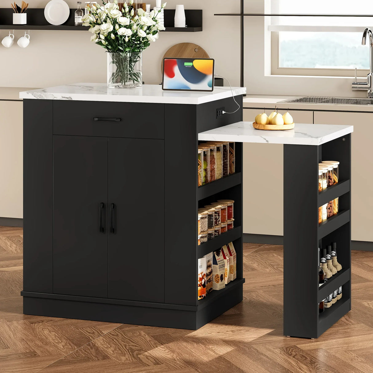 Extendable Black Kitchen Island With Storage Cabinet - Omega Lifestyles