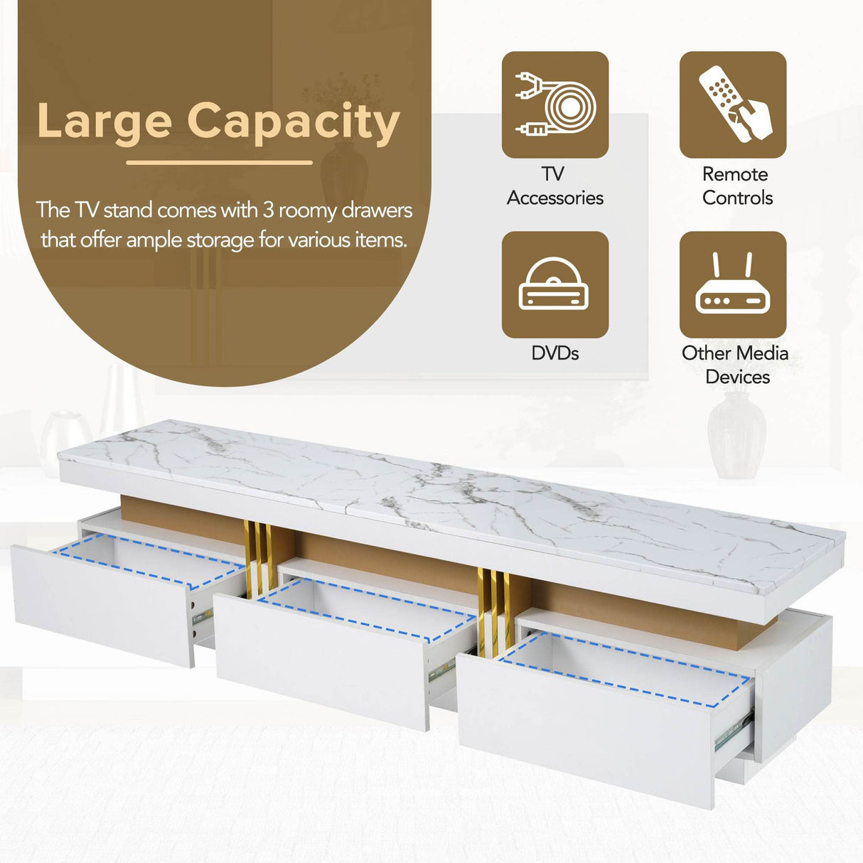 High Gloss White Marble TV Stand With Drawers - Sleep Galleria