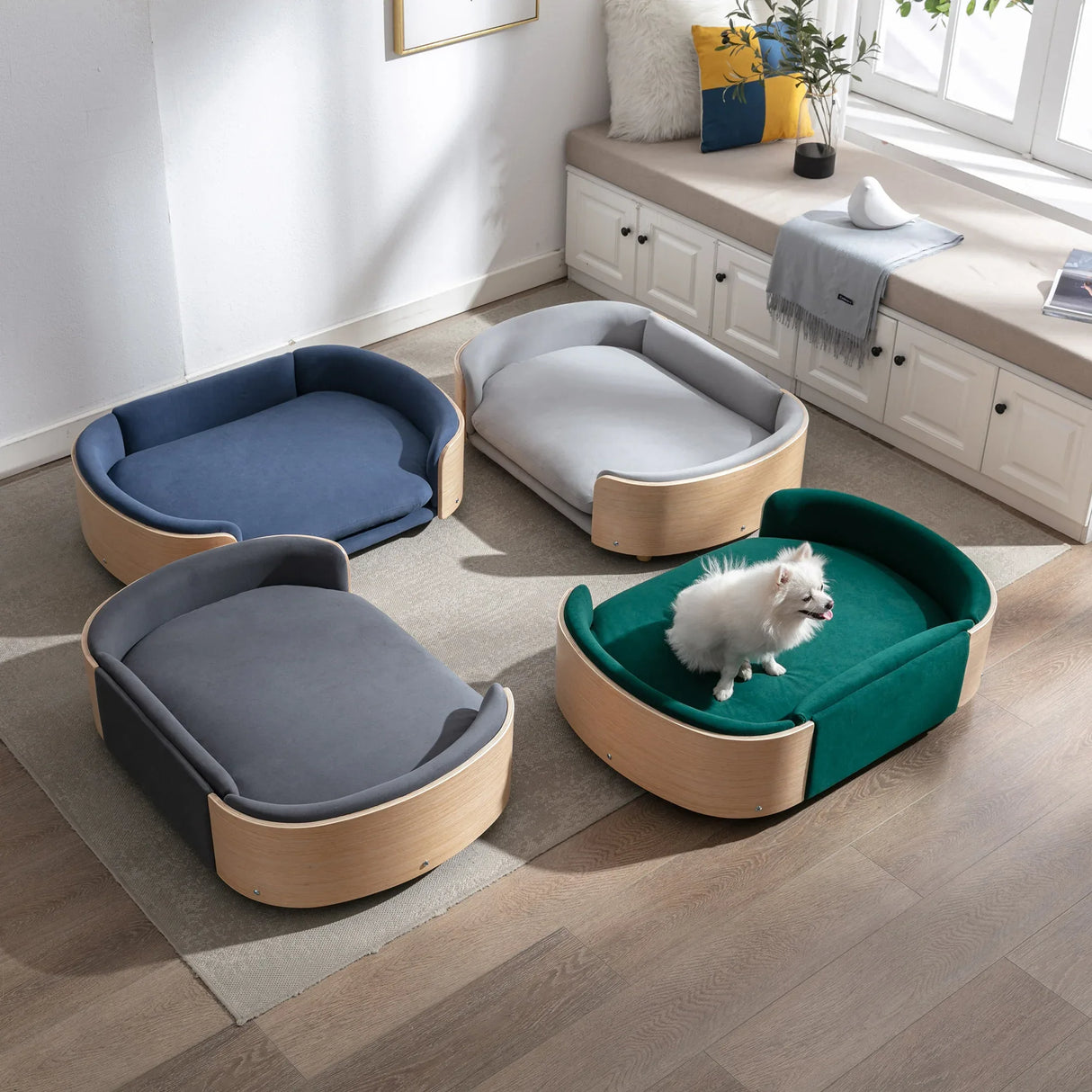 Scandinavian Solid Wood Elevated Pet Sofa Bed With Velvet Cushion - Omega Lifestyles