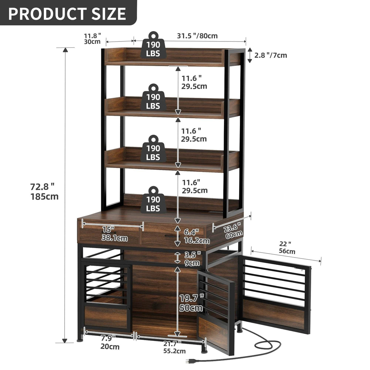 Heavy Duty Pet Cat Dog Crate Furniture with 4 Storage Shelves and 2 Drawers & Charging Station, Cat Litter Box Enclosure Dog Kennel Indoor Furniture - Brown