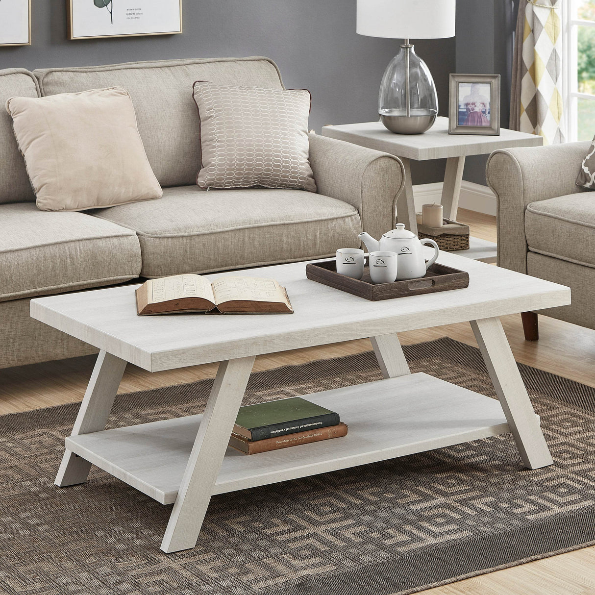 Contemporary White Wood Shelf Coffee Table Set - Sleep Galleria