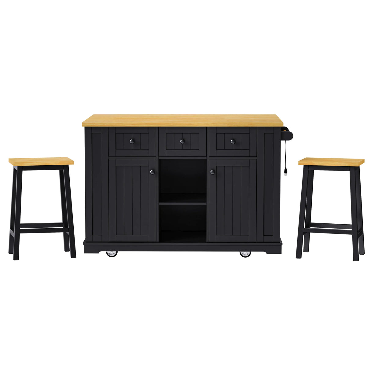 Large Kitchen Island Storage Cart With Bar Stools and Power Outlet - Omega Lifestyles