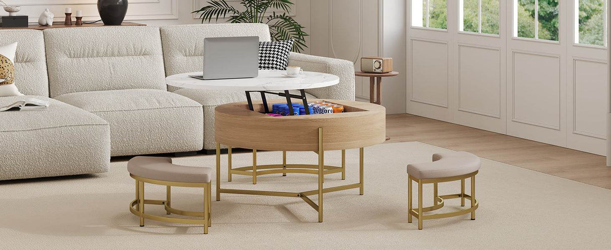 Modern Round Lift-Top Coffee Table With Storage And Ottomans - Sleep Galleria