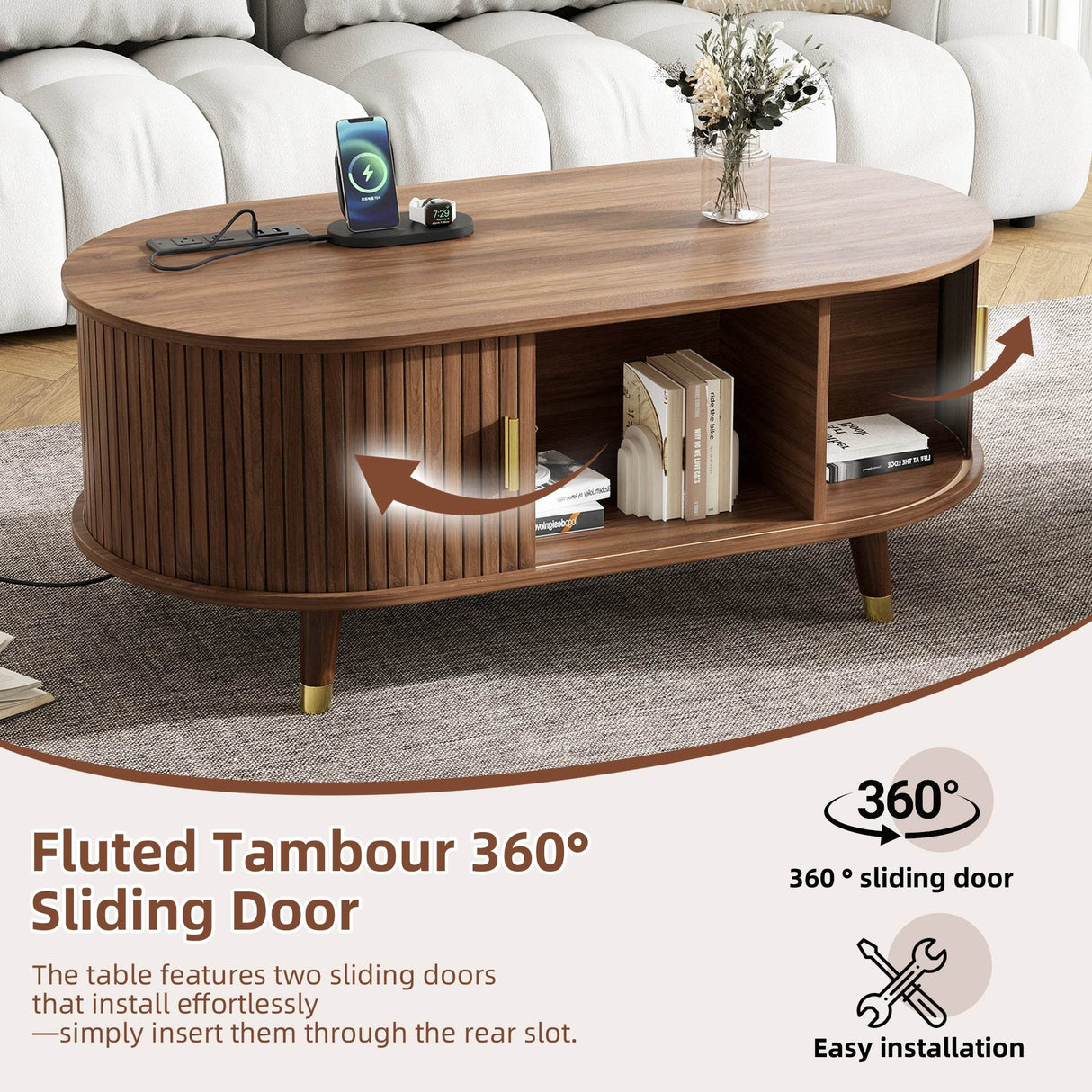 Mid-Century Modern Walnut Coffee Table With Charging Station - Sleep Galleria