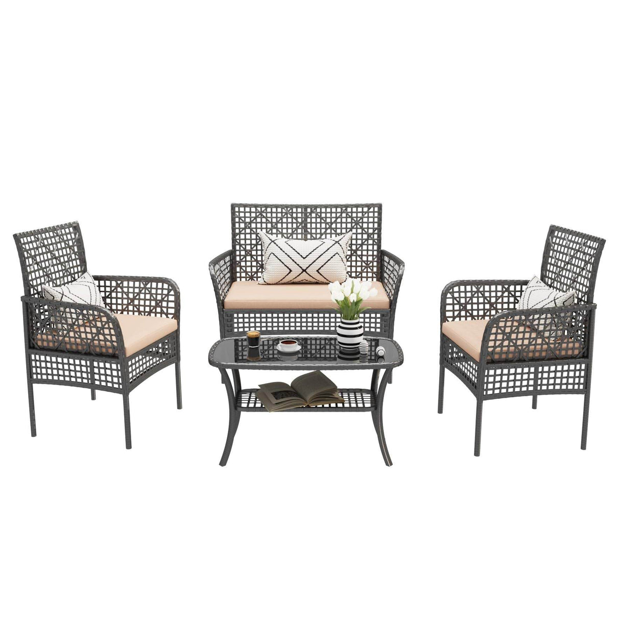 Modern PE Rattan Wicker Patio Furniture Set With Cushions