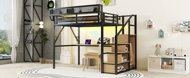 Full Metal Full Size Loft Bed With Desk Charging Station - Omega Lifestyles