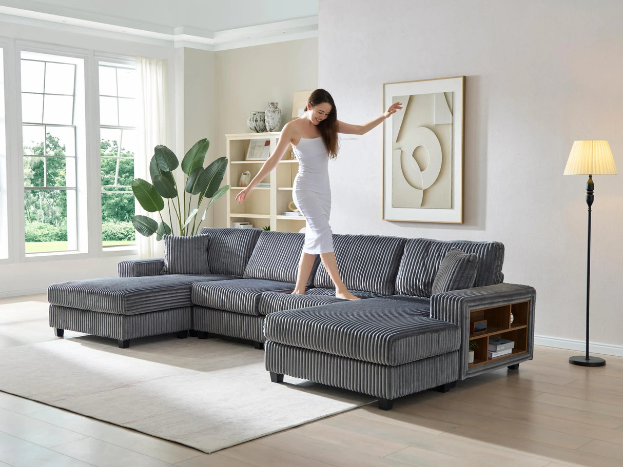 Modern Convertible U-Shaped Corduroy Fabric Sofa - Omega Lifestyles