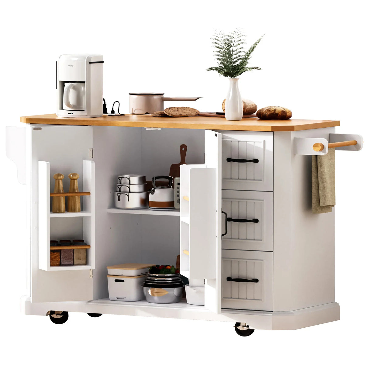 Rustic White Rubber Wood Rolling Kitchen Island Cart - Omega Lifestyles