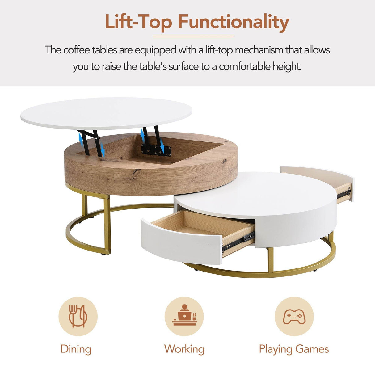 Modern Round Lift-Top Nesting Coffee Tables With Drawers - Sleep Galleria