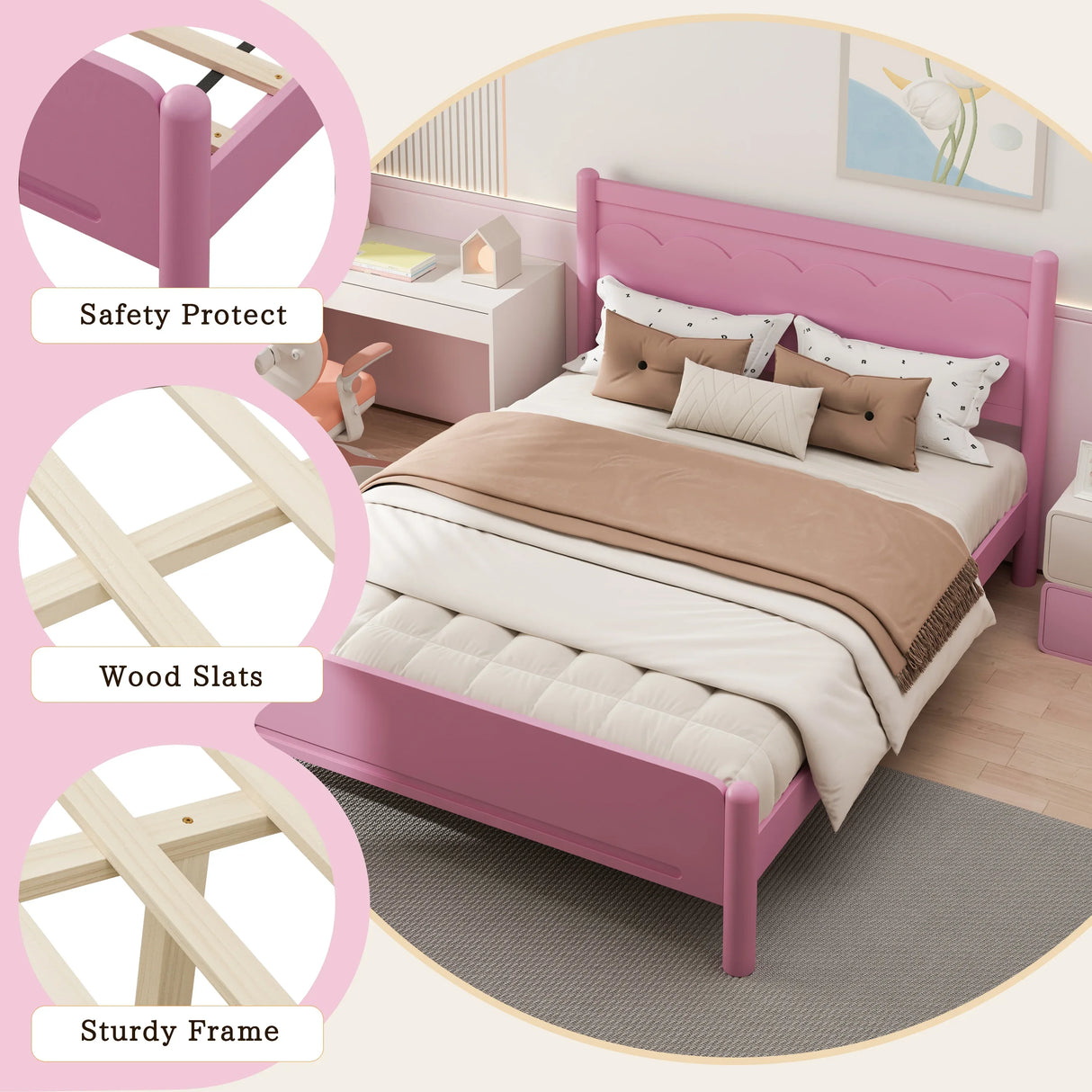 Queen Pink Solid Wood Platform Bed Frame - Omega Lifestyles