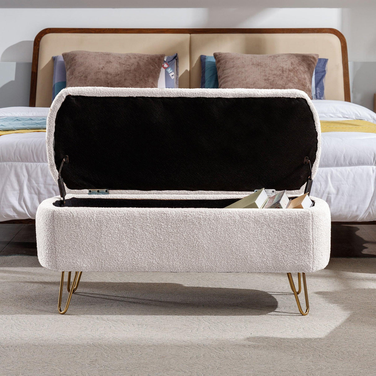 Ivory Faux Fur Upholstered Storage Bench With Gold Legs - Omega Lifestyles