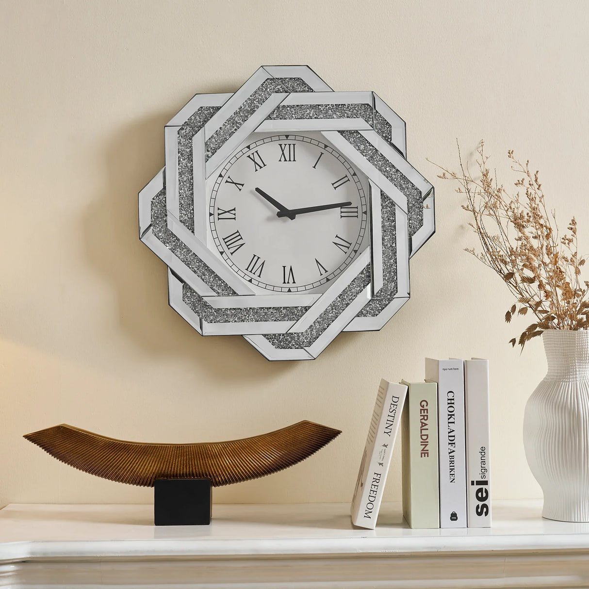 20-Inch Silver Mirrored Art Deco Wall Clock With Roman Numerals - Omega Lifestyles