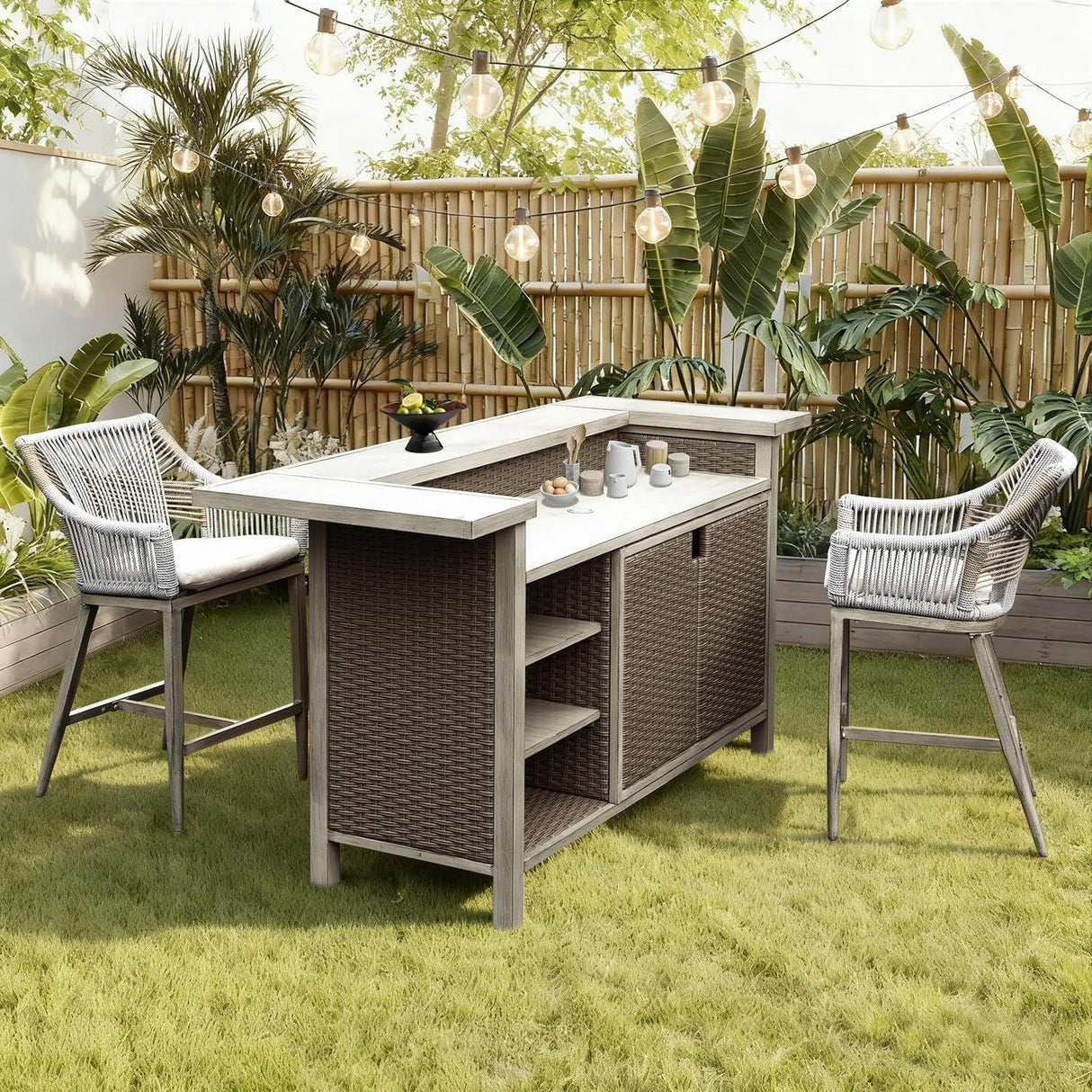 Outdoor Patio Aluminum Wicker Bar Table With Stools Set Of 3 - Omega Lifestyles