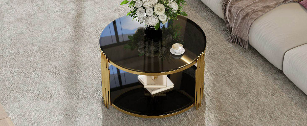 Modern Black Mirror Round Coffee Table With Shelf - Sleep Galleria