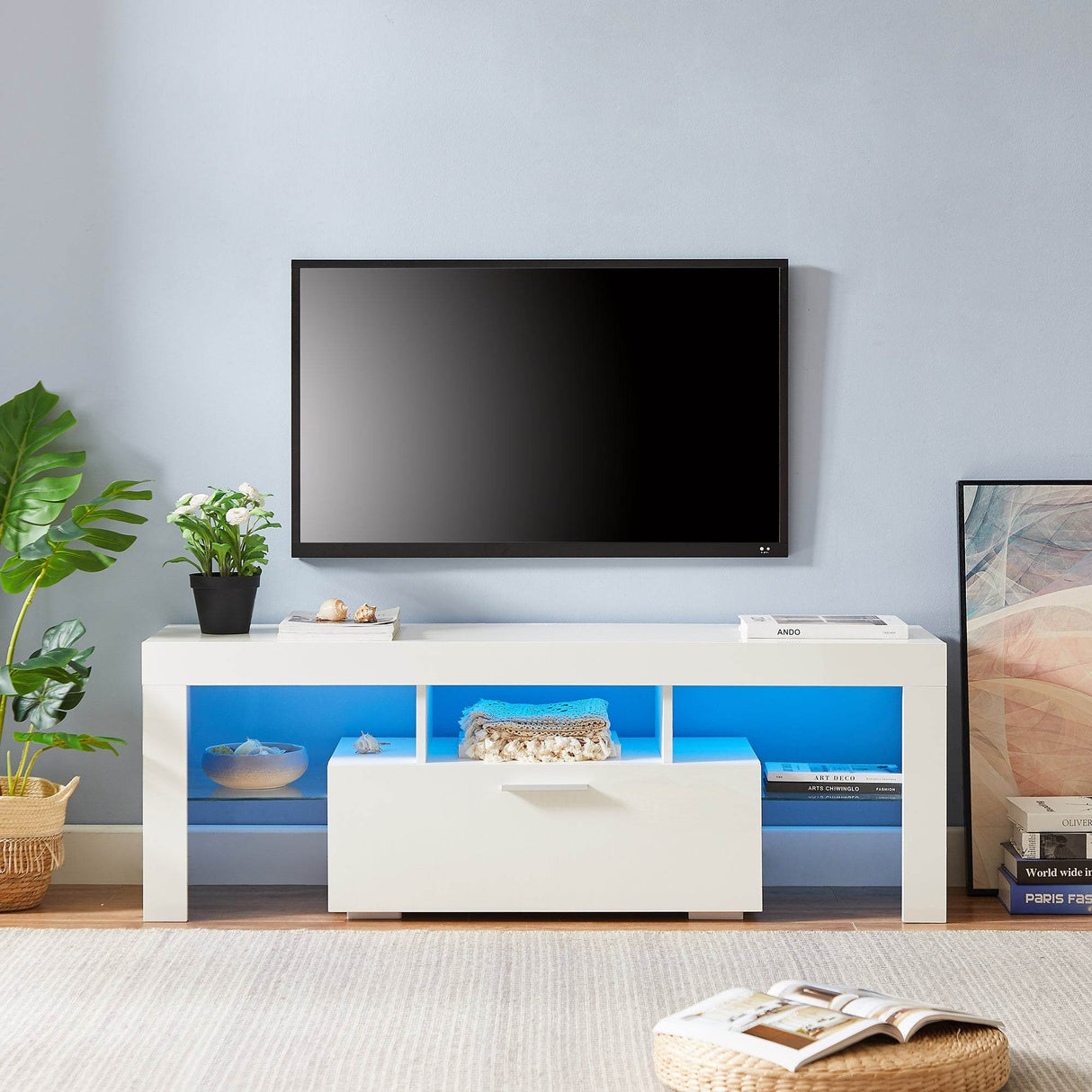 Modern White LED Backlit Particle Board TV Console - Sleep Galleria