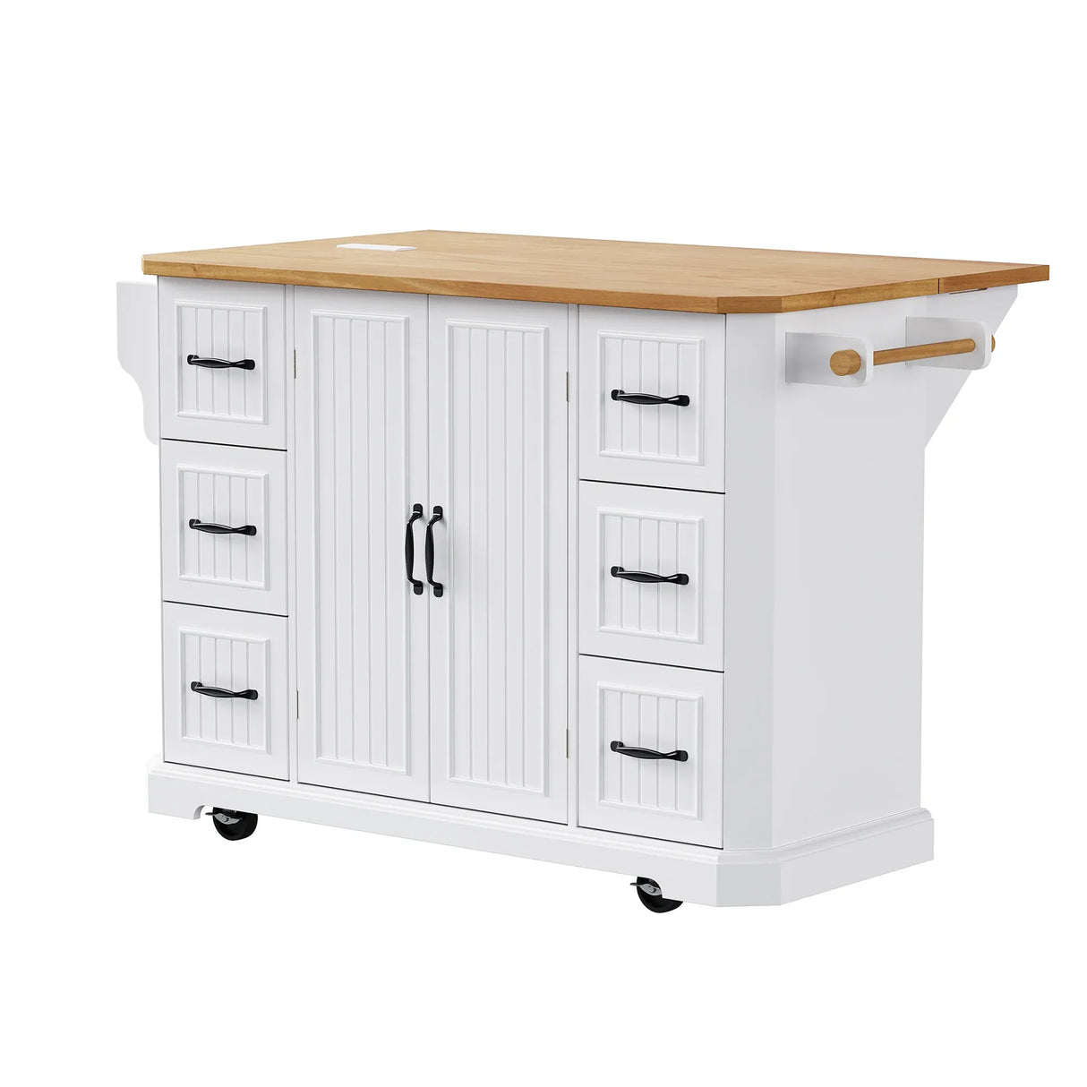 Rustic White Rubber Wood Rolling Kitchen Island Cart - Omega Lifestyles