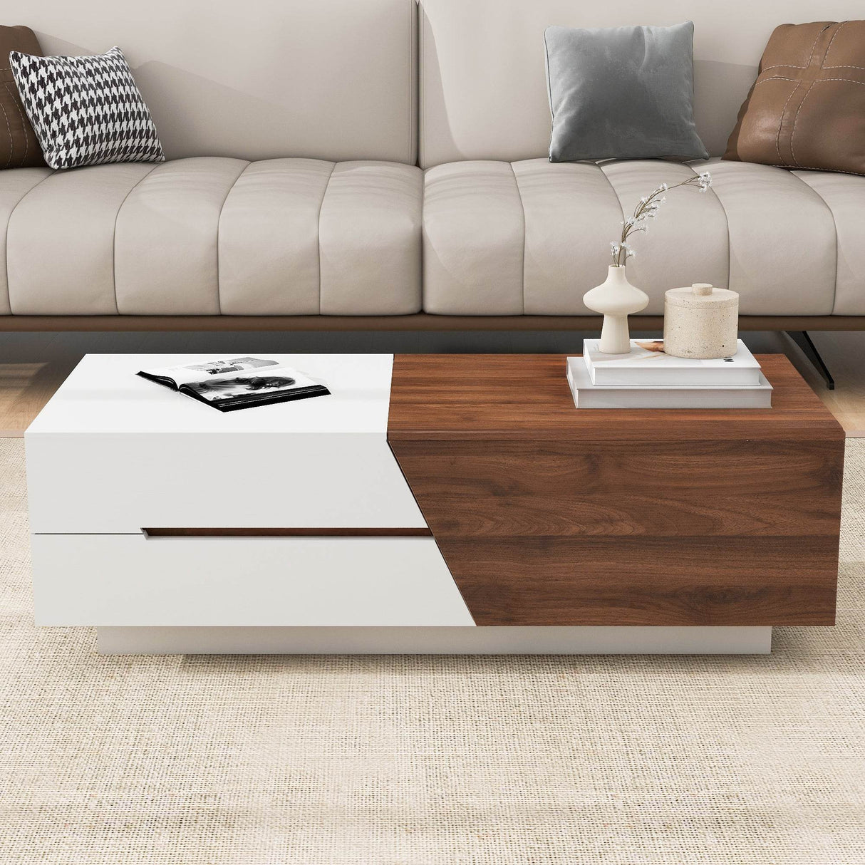 Modern Extendable Sliding Top White Walnut Coffee Table - Sleep Galleria