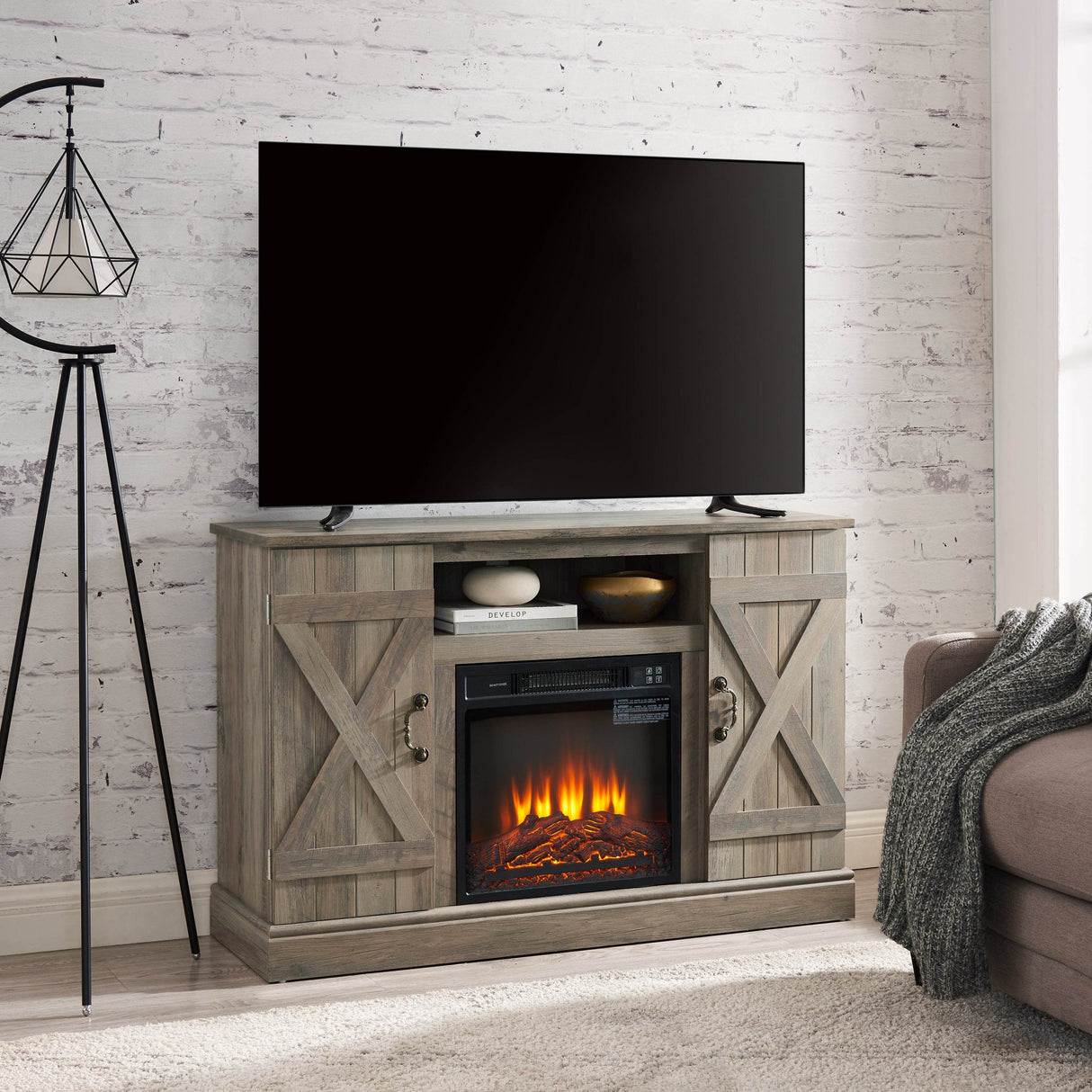 Farmhouse Gray Wash MDF Media TV Stand Fireplace - Sleep Galleria