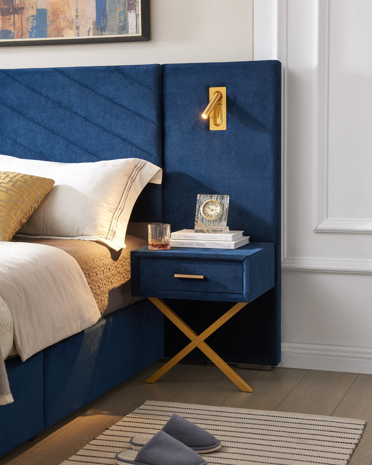 Queen Blue Velvet Wingback Upholstered Platform Bed Frame - Omega Lifestyles