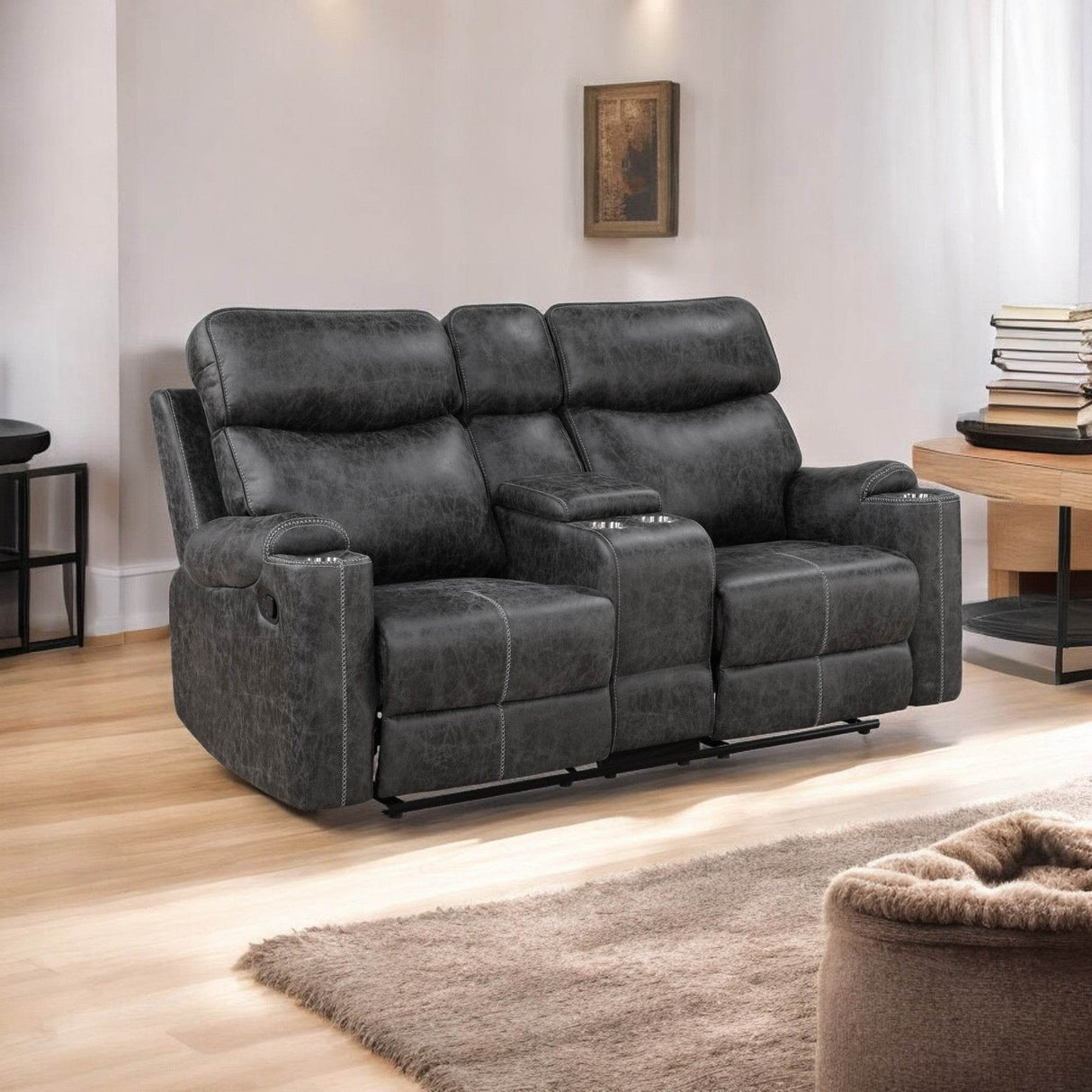 Microfiber Manual Recliner Loveseat With Cupholders USB Port