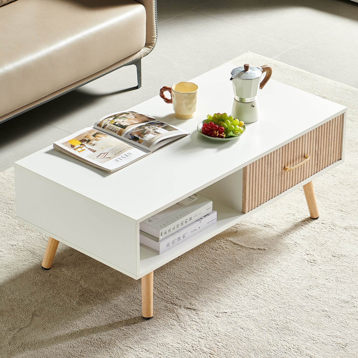 White Solid Wood Sliding Drawer Coffee Table - Sleep Galleria
