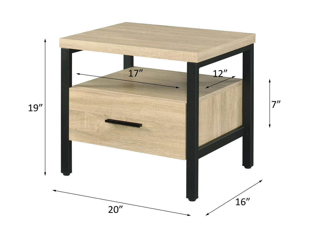 Oak Finish Metal Leg Accent Table With Storage Drawer - Omega Lifestyles