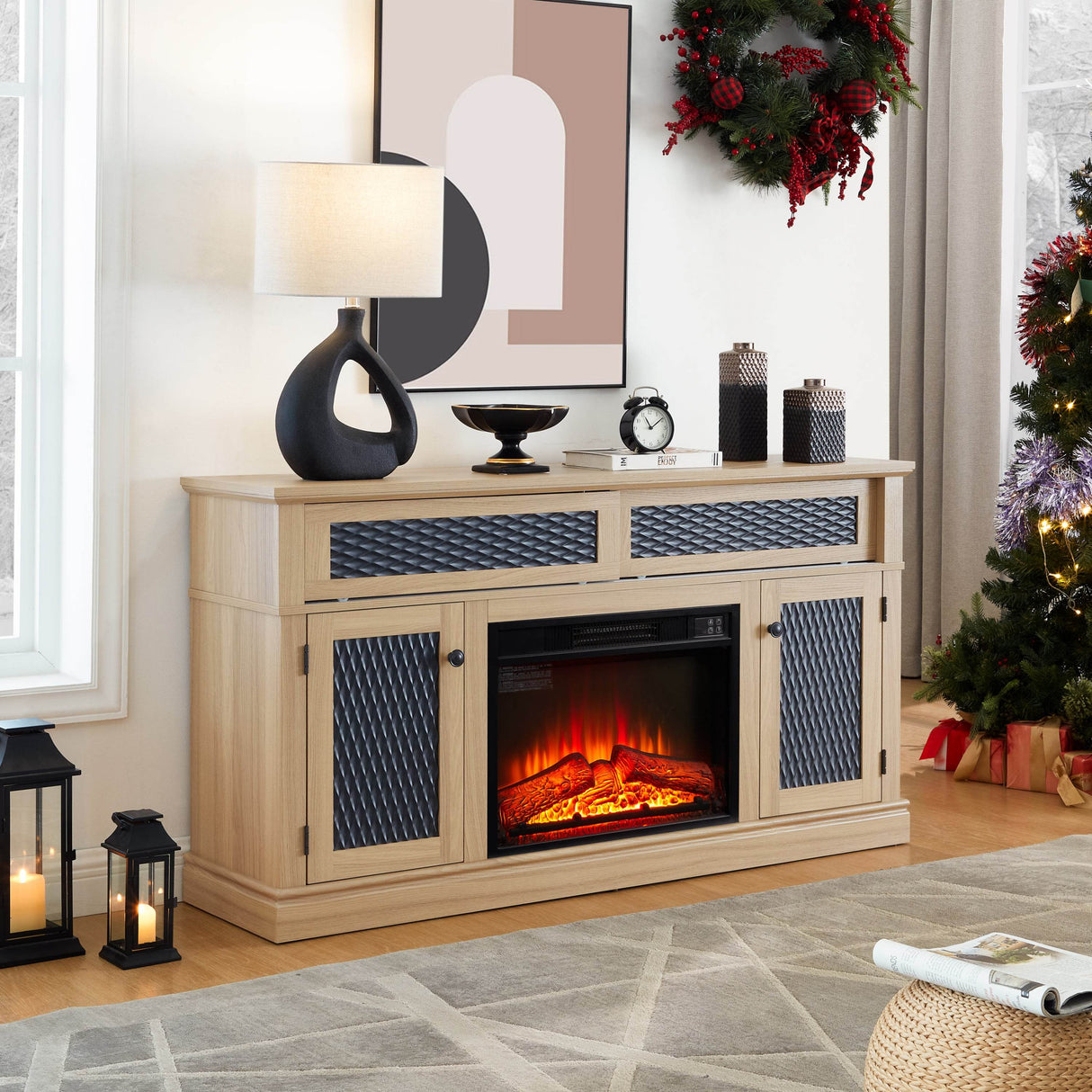 Embossed Light Oak Fireplace TV Stand Console - Sleep Galleria