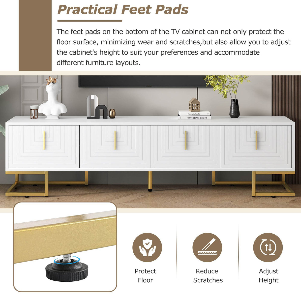 Modern White Gold Metal Legs TV Stand With Cabinets - Sleep Galleria