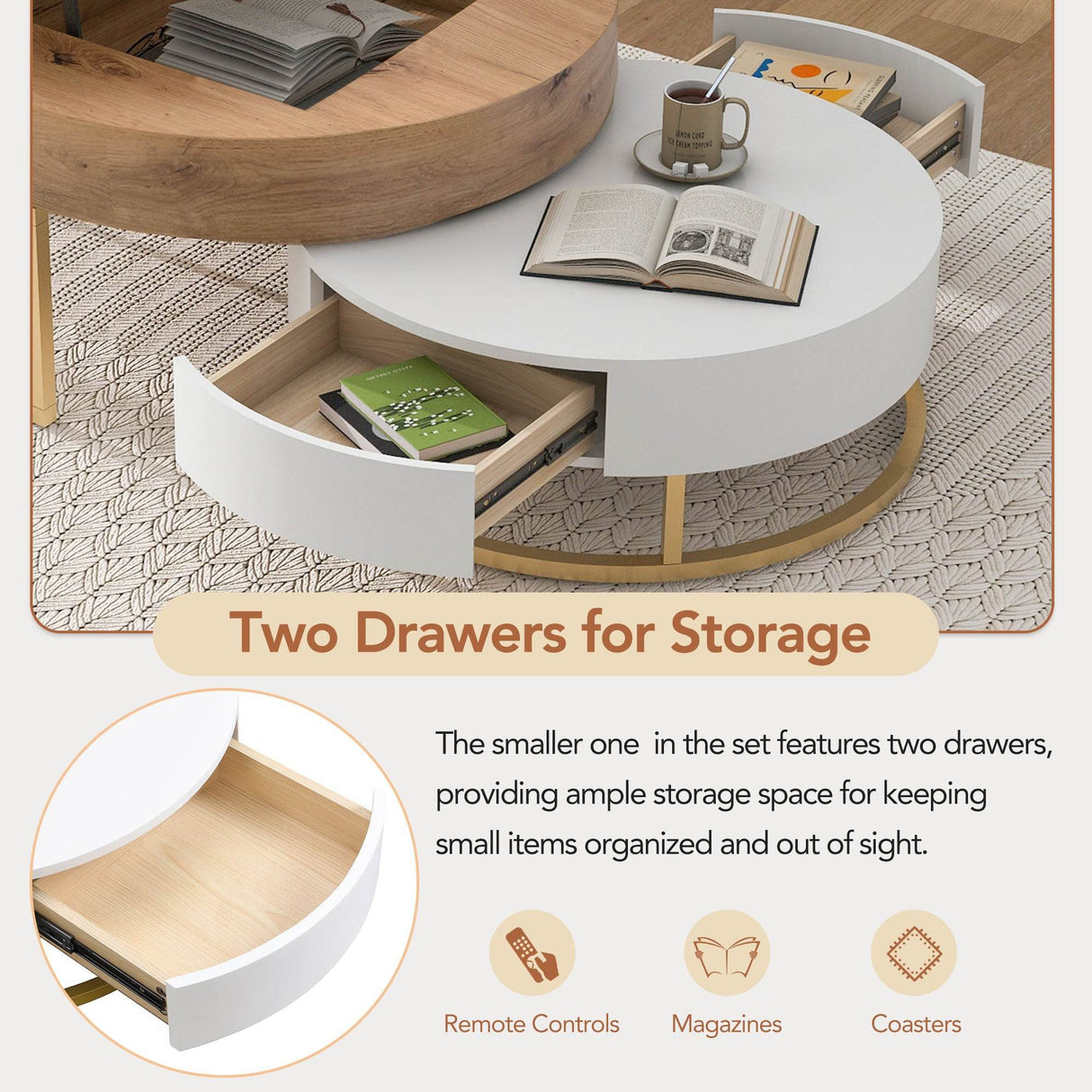 Modern Round Lift-Top Nesting Coffee Tables With Drawers - Sleep Galleria