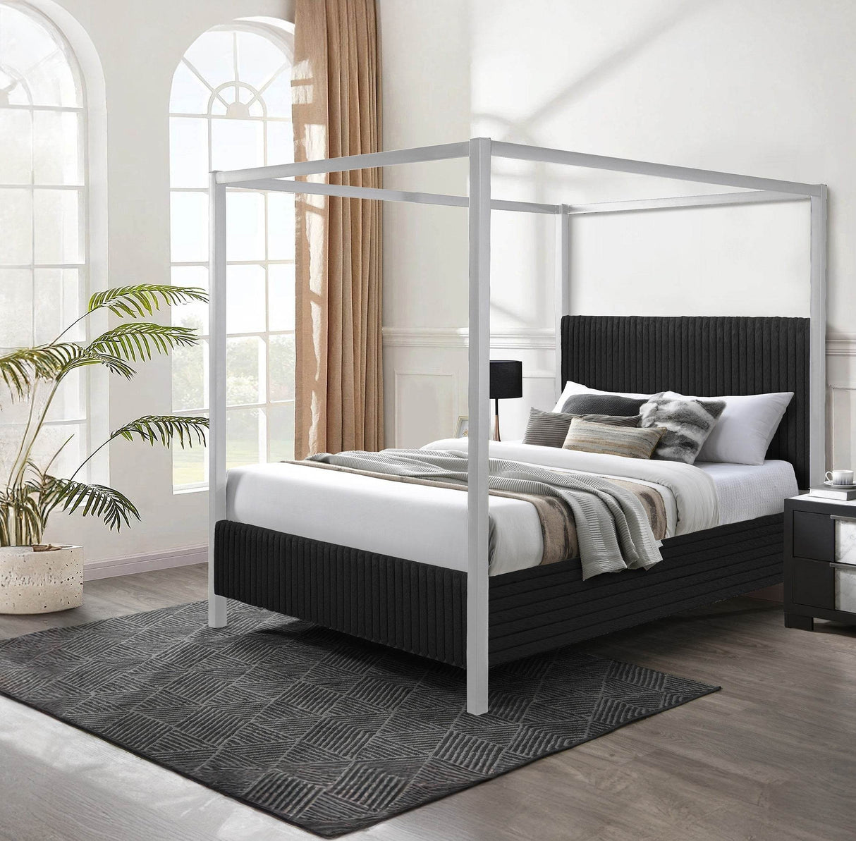 Modern King Canopy Bed With Upholstered Headboard