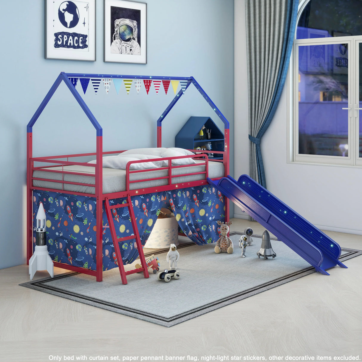Twin Metal Junior House Loft Bed With Slide And Curtain - Omega Lifestyles