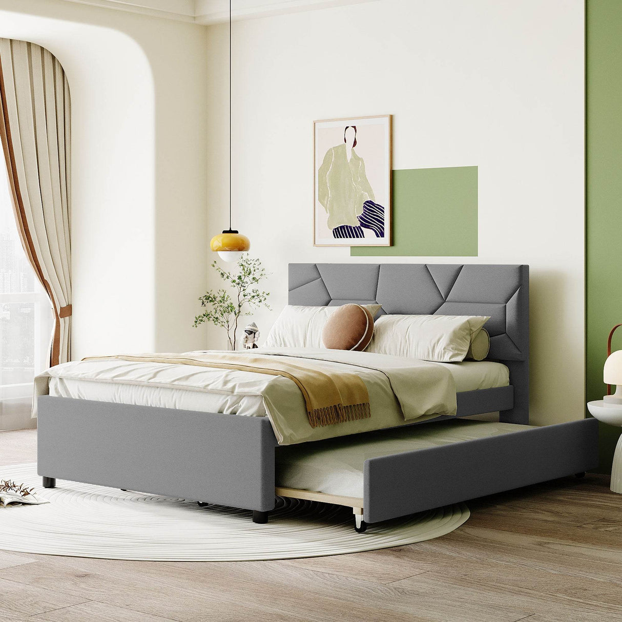 Full Upholstered Platform Bed With Twin Trundle - Omega Lifestyles