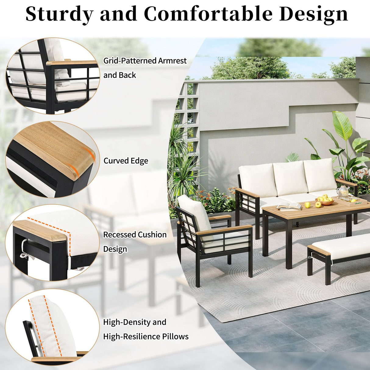 5-Piece Acacia Wood Iron Frame Patio Furniture Set - Omega Lifestyles