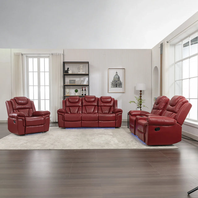 Wine Red Faux Leather Manual Recliner Sofa Set With LED Strip - Omega Lifestyles