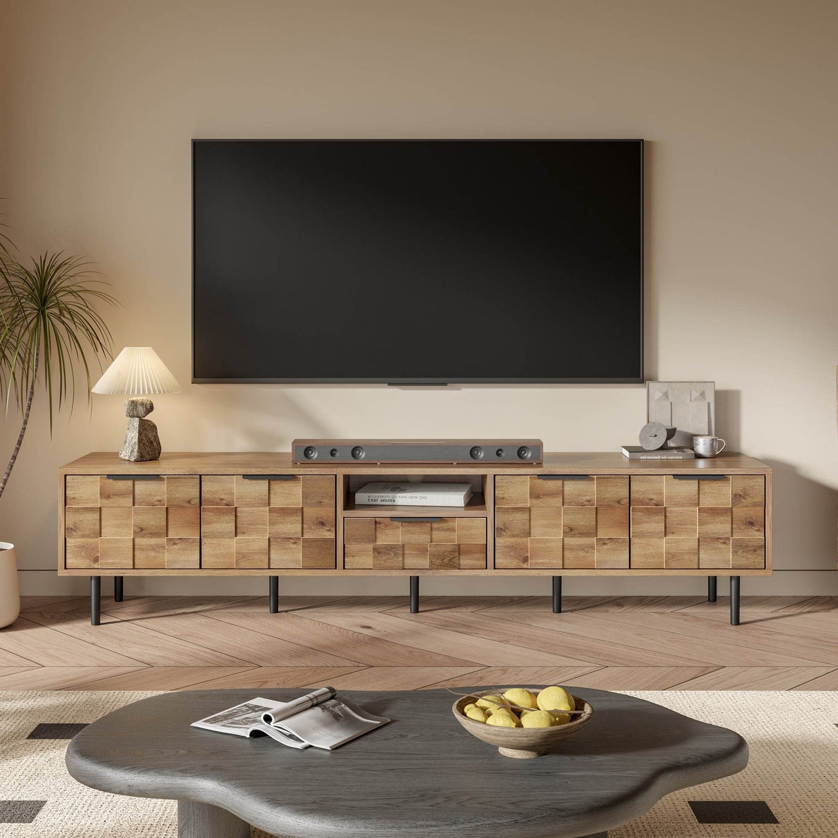 Natural Wood Checkered Pattern TV Stand With Storage - Sleep Galleria